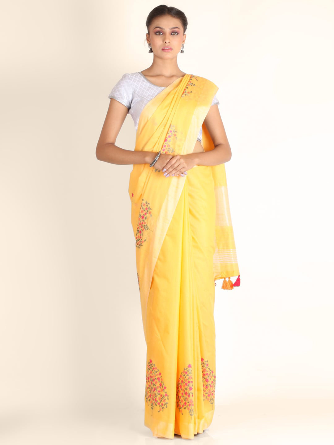 KAJREE Yellow & Green Ethnic Motifs Pure Linen Tussar Saree