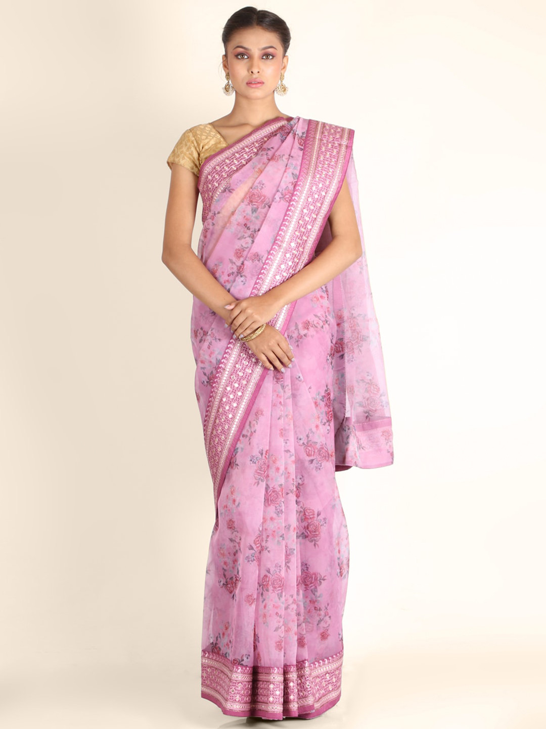 KAJREE Lavender & Grey Floral Block Printed Saree