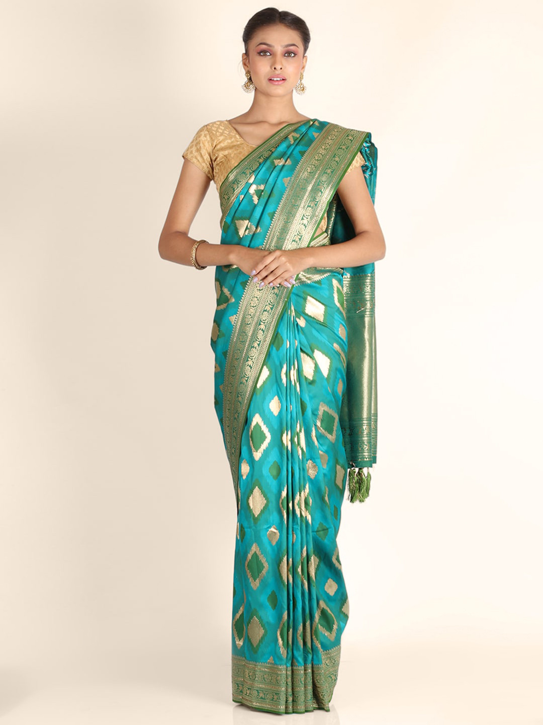 KAJREE Green & Gold-Toned Zari Chanderi Saree