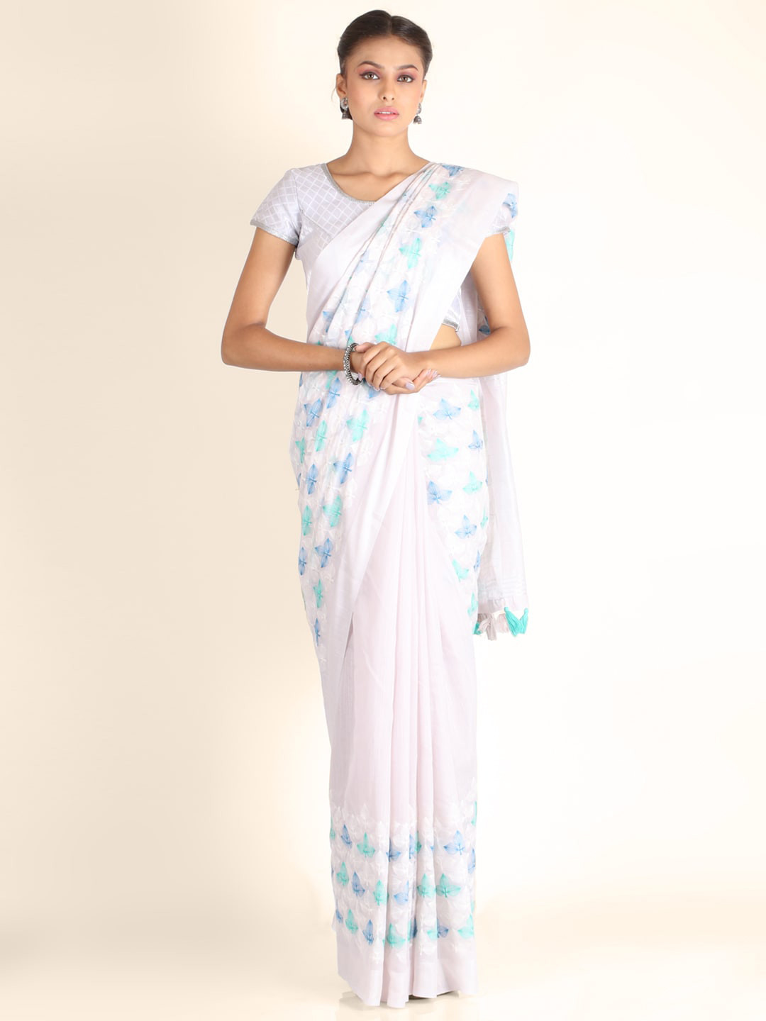 KAJREE Off White & Green Woven Design Pure Linen Tussar Saree