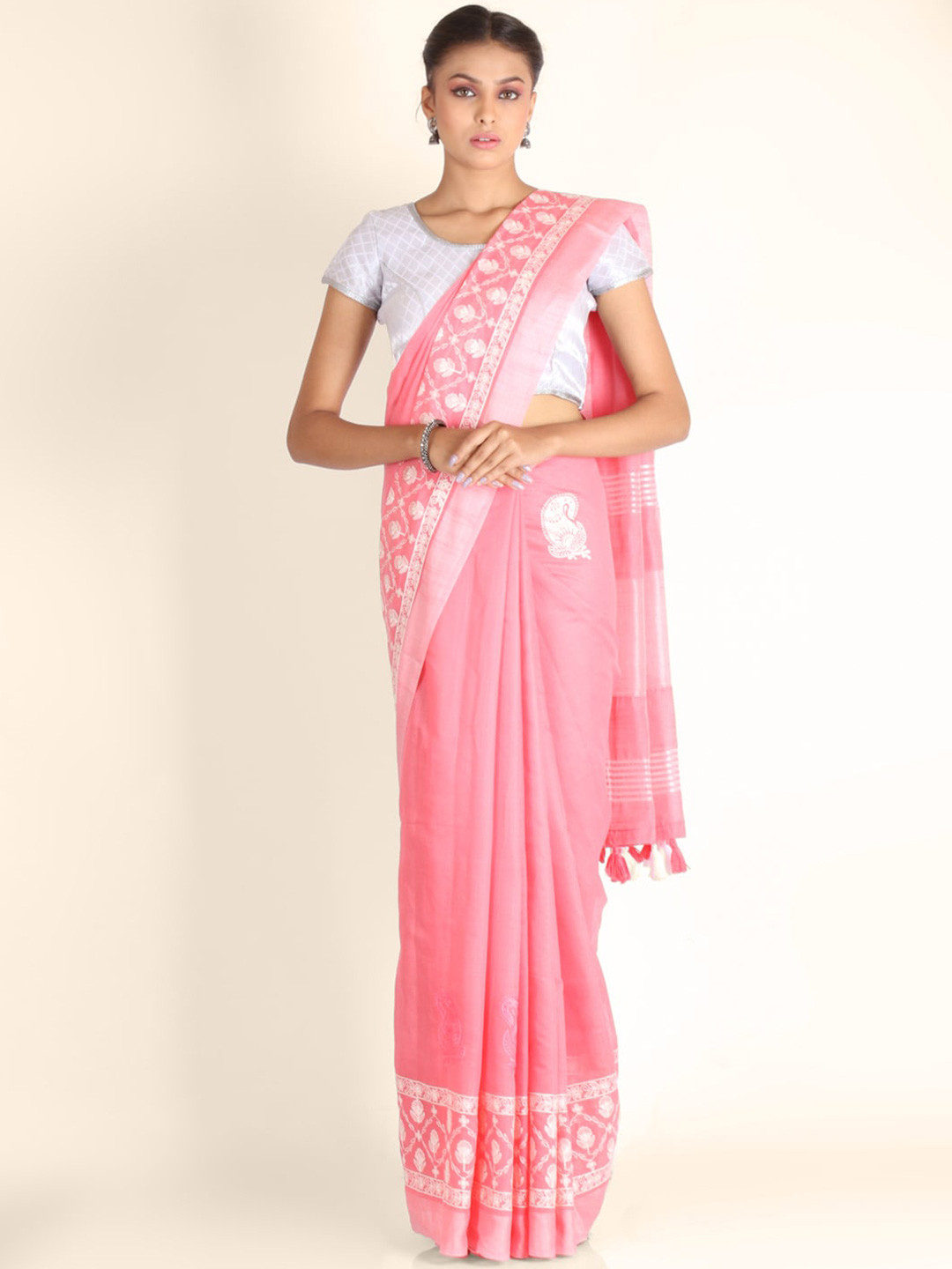 KAJREE Pink & White Ethnic Motifs Embroidered Pure Linen Tussar Saree