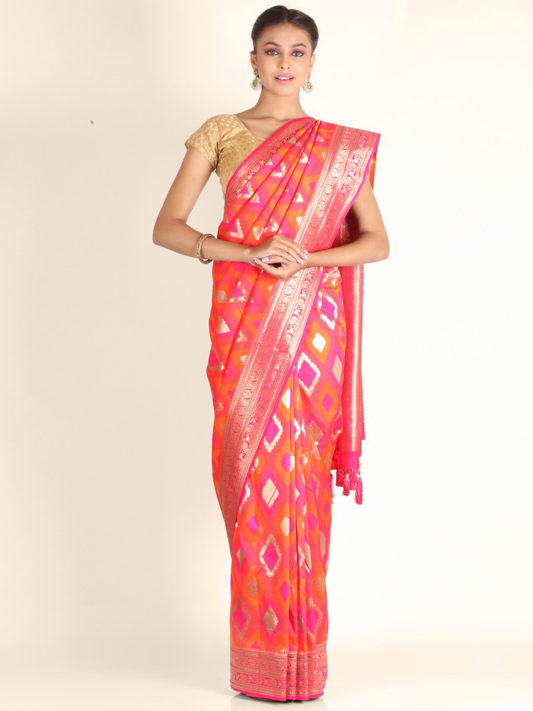 KAJREE Pink & Gold-Toned Chanderi Saree