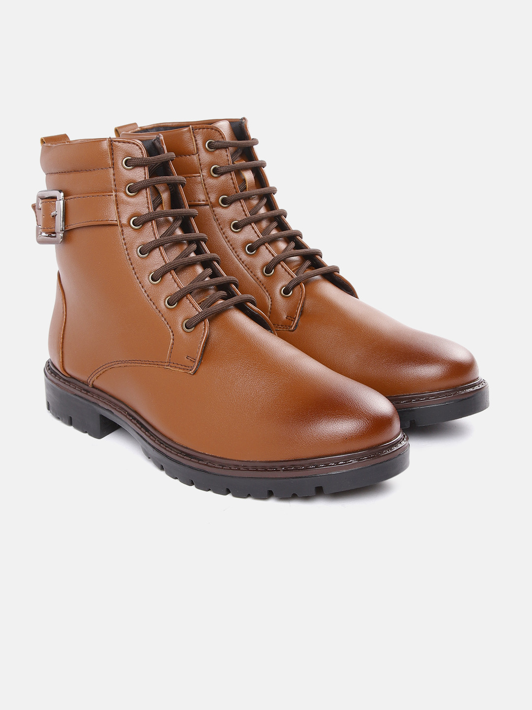 Carlton London Men Tan Brown Solid Mid-Top Biker Boots