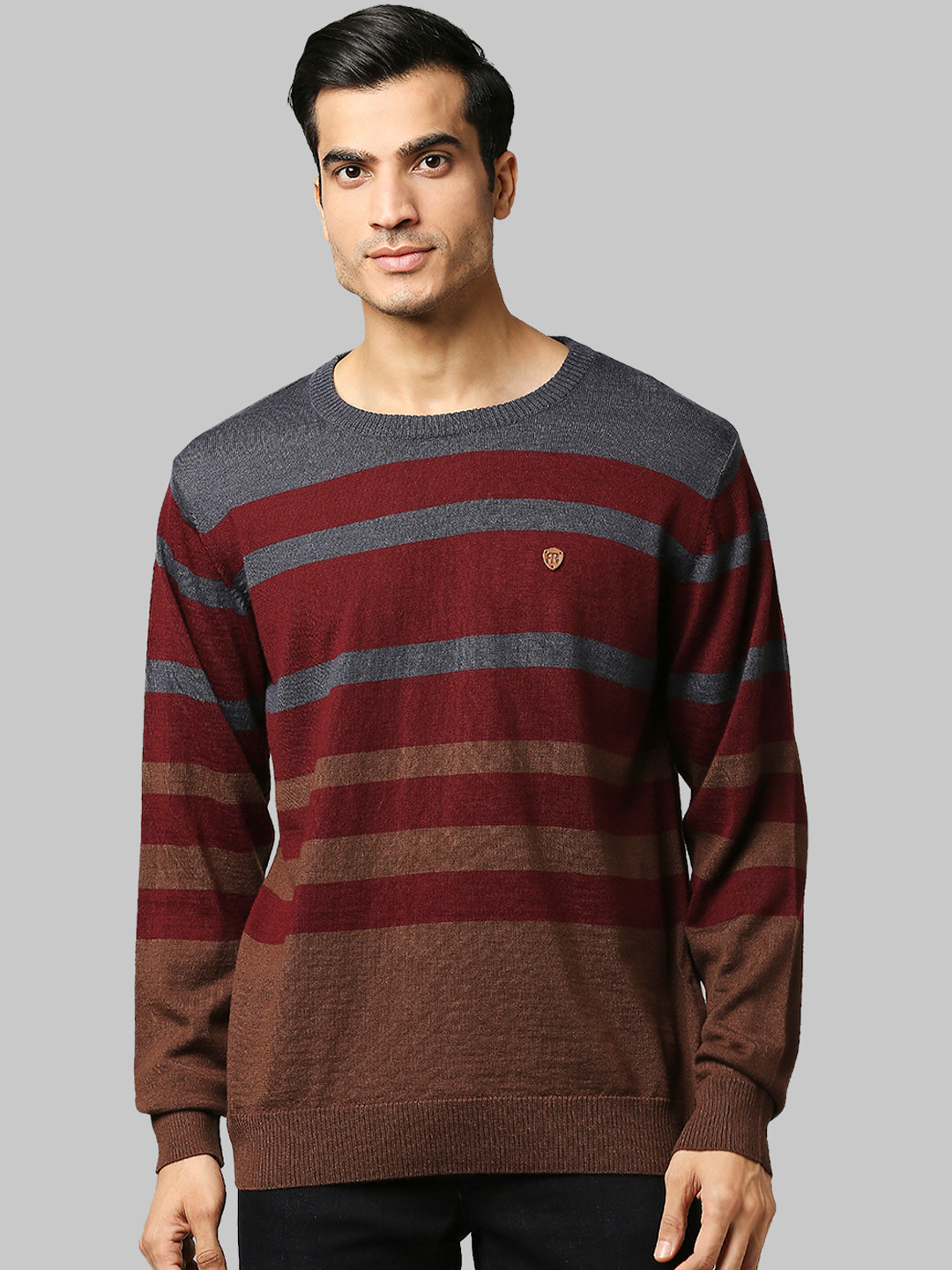 Raymond Men Maroon & Grey Striped Pullover