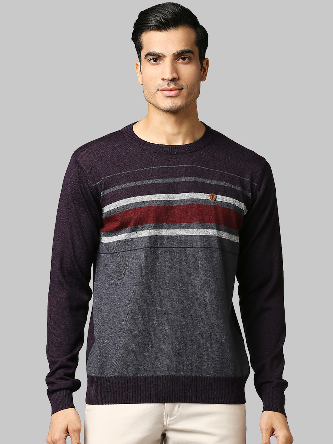 Raymond Men Violet & Grey Striped Acrylic Pullover