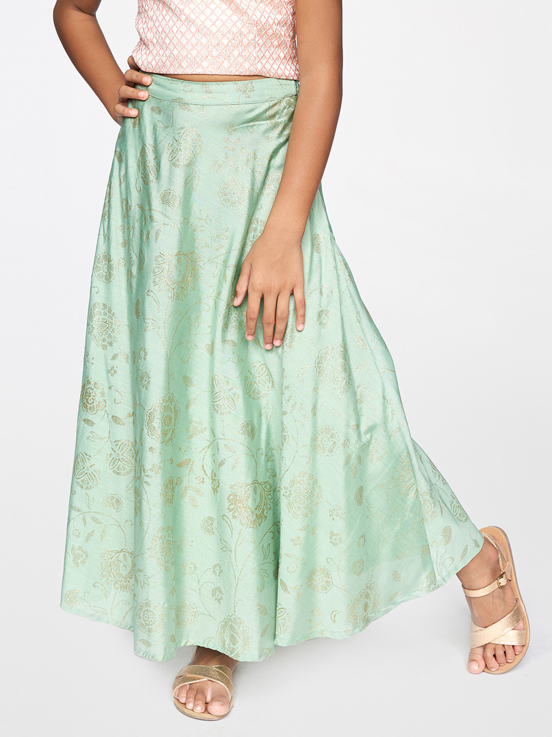 Global Desi Girls Green Floral Printed Flared Skirt