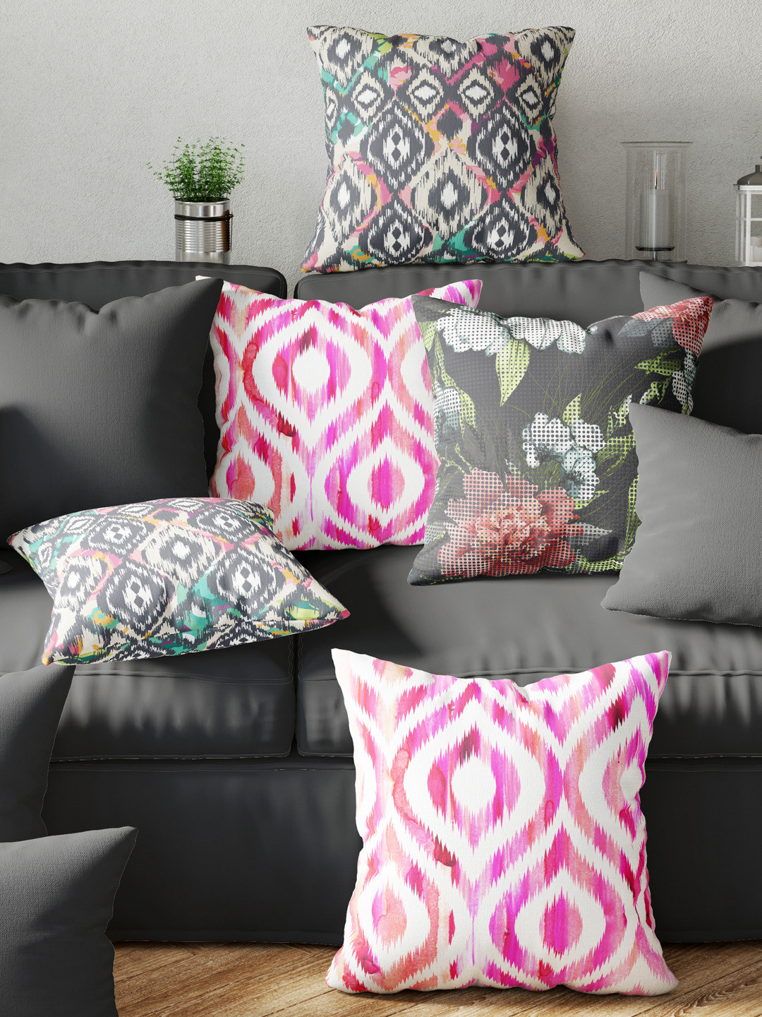 BIANCA Grey & Red 5 Pieces Floral Square Cushion Covers