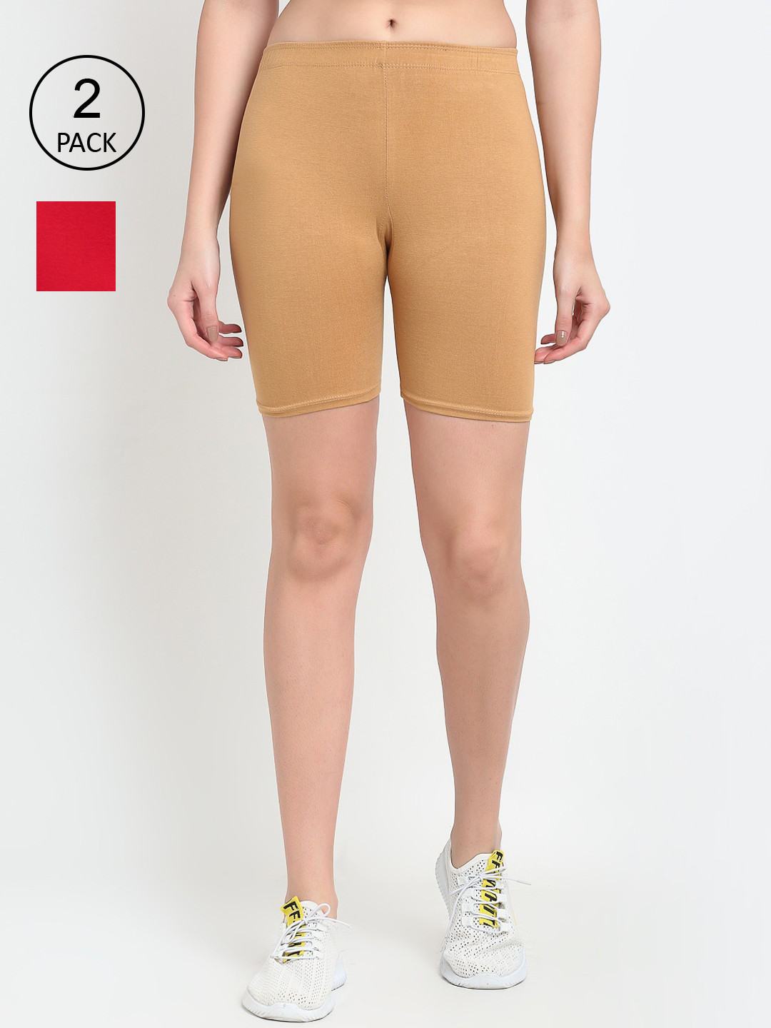 GRACIT Women Red & Beige Set Of 2 Biker Shorts