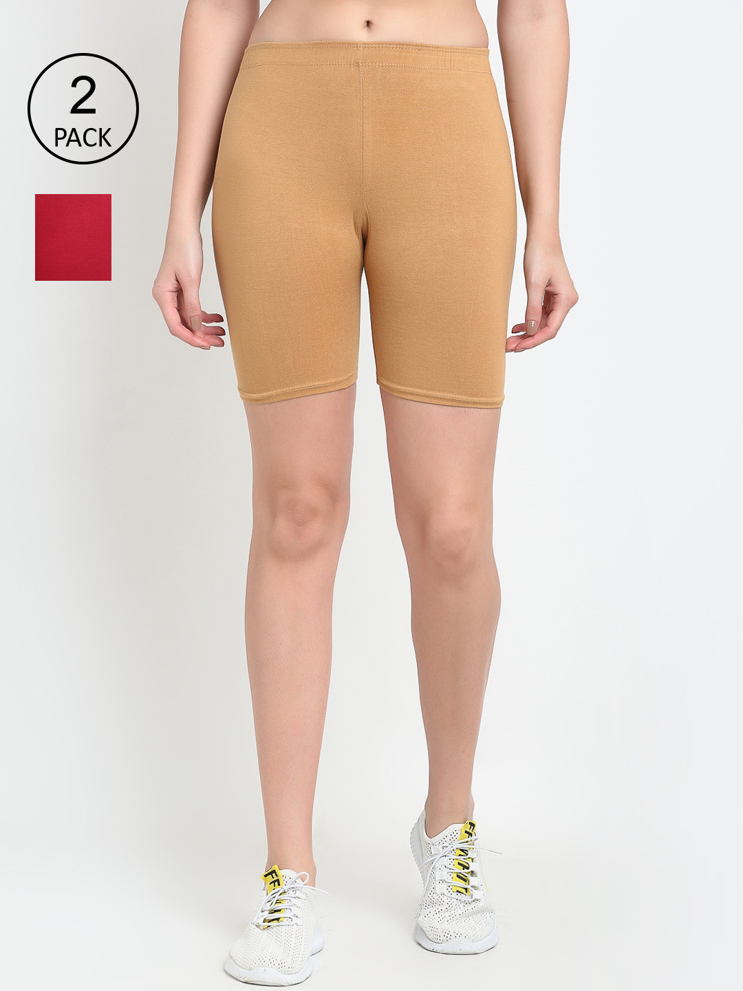 GRACIT Women Red & Beige Set Of 2 Biker Shorts