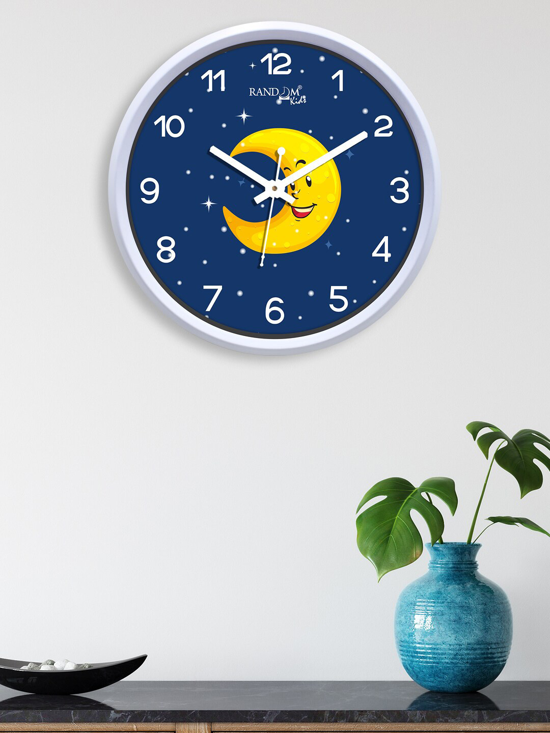RANDOM White & Blue Smiling Moon Printed Contemporary Wall Clock