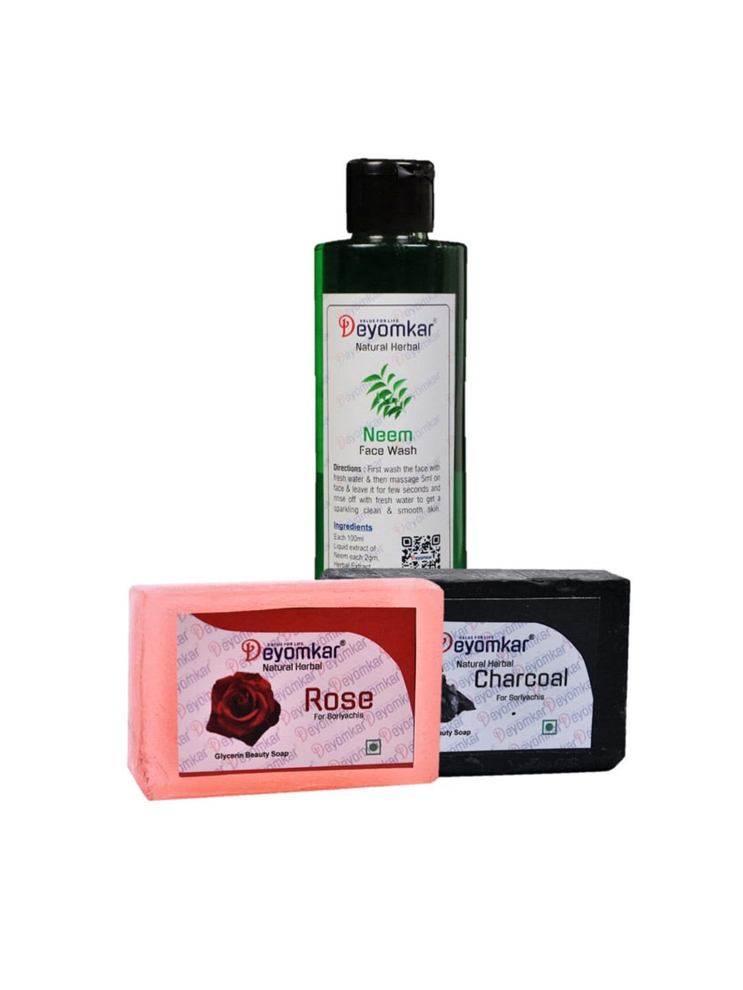 Deyomkar Set of 3 Herbal Neem Face Wash with Rose Soap And Charcoal Soap