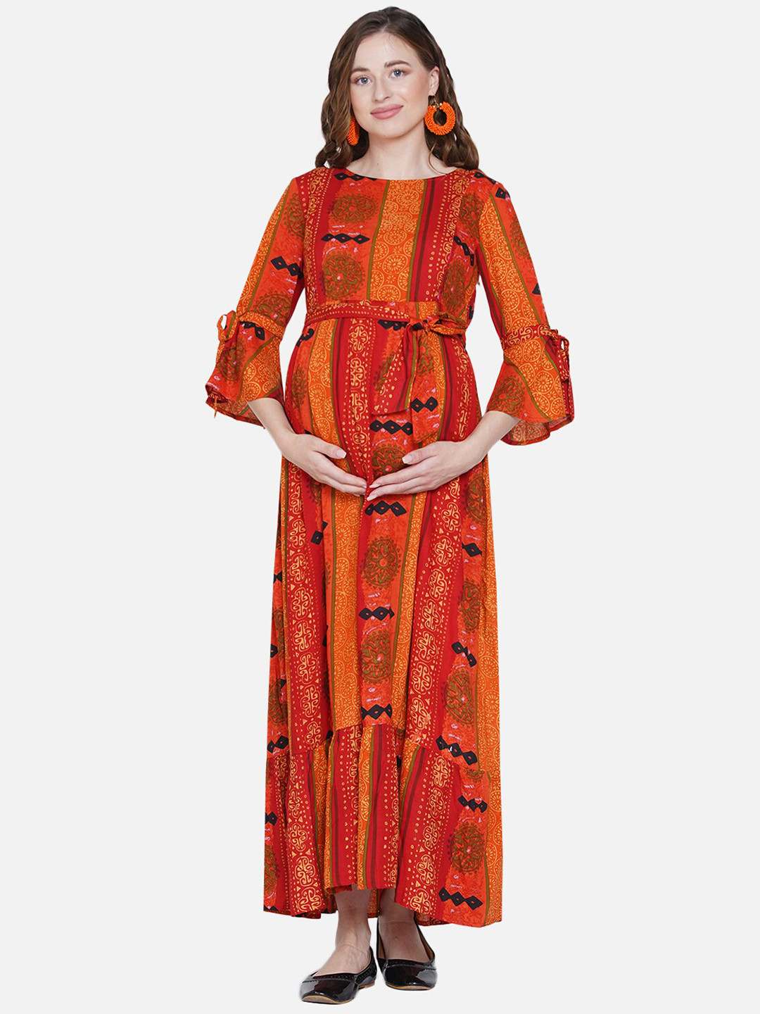 Mine4Nine Women Orange & Yellow Ethnic Motifs Printed Belted Maternity Maxi Dress