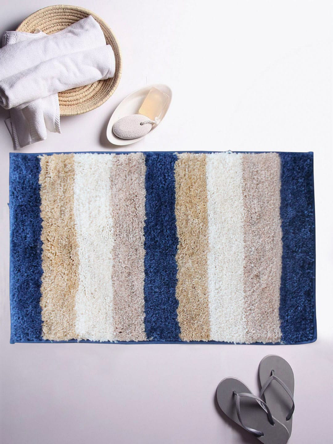 LUXEHOME INTERNATIONAL Blue & Beige Striped High Pile 1850 GSM Rectangular Microfibre Bath Rug