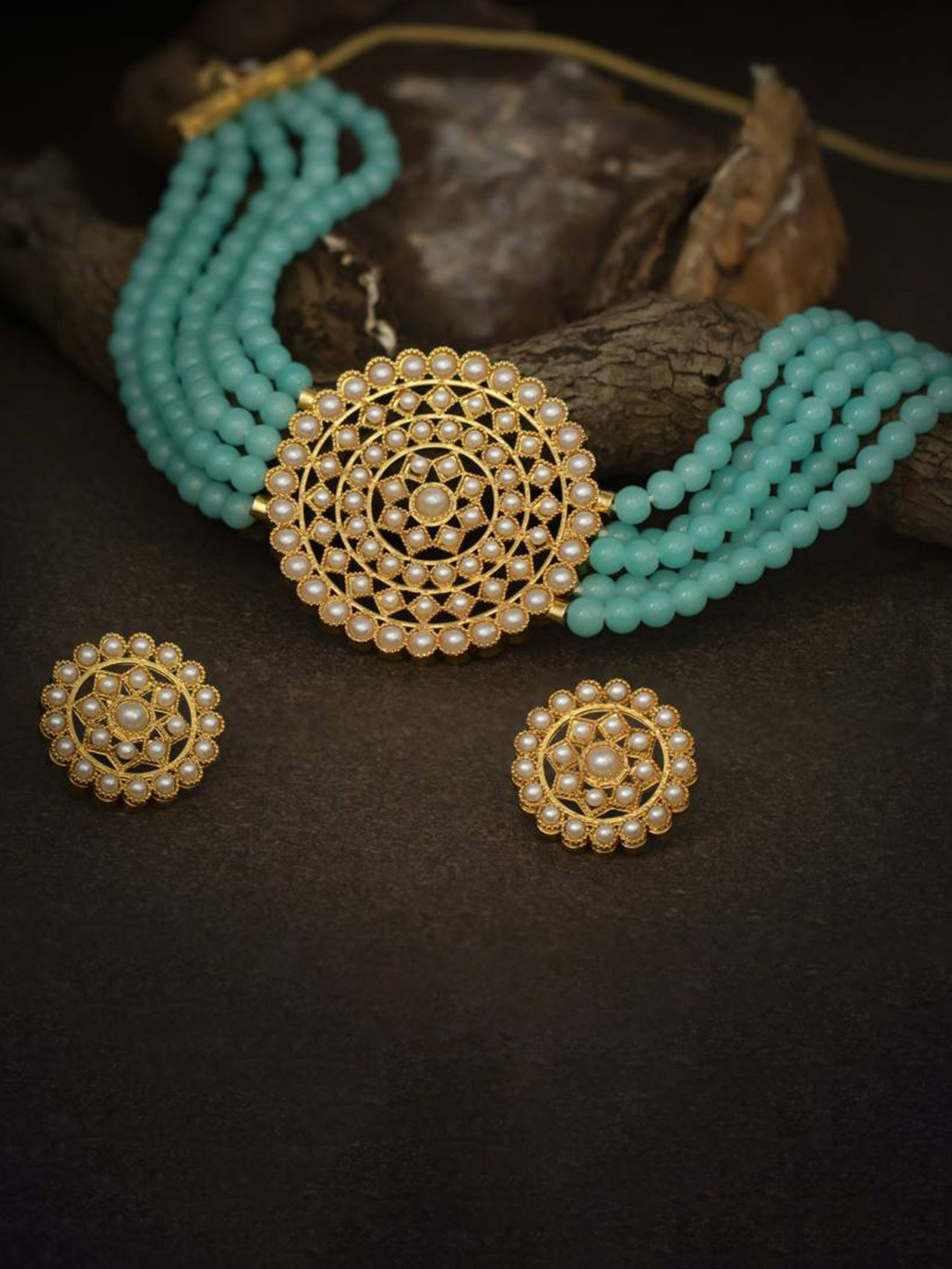 ASMITTA JEWELLERY Turquoise Blue & White Gold-Plated Pearl Jewellery Set