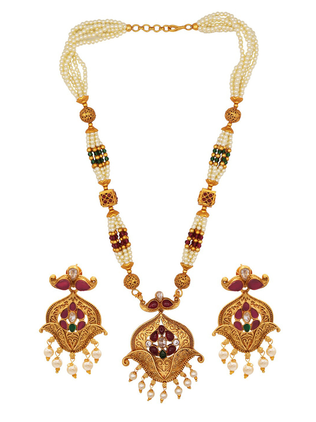 ASMITTA JEWELLERY Red & White Gold-Plated Kundan & Pearls Jewellery Set