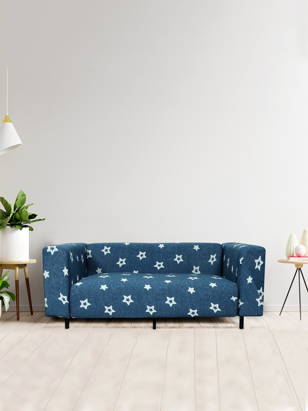 HOUSE OF QUIRK Blue & White Printed 3-Seater Stretchable Non-Slip Sofa Slipcover