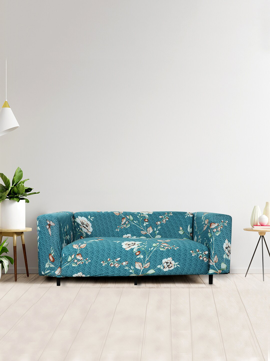 HOUSE OF QUIRK Green & White Printed 3-Seater Stretchable Non-Slip Sofa Slipcover