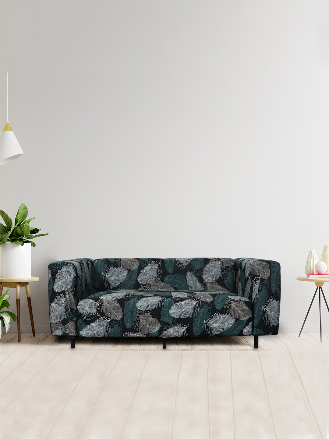 HOUSE OF QUIRK Green & Grey Fern Printed 3-Seater Non-Slip Sofa Cover