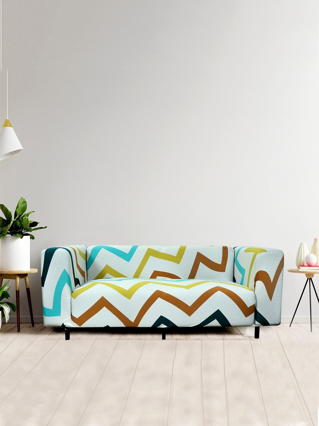 HOUSE OF QUIRK White & Blue Printed 3-Seater Non-Slip Sofa Cover