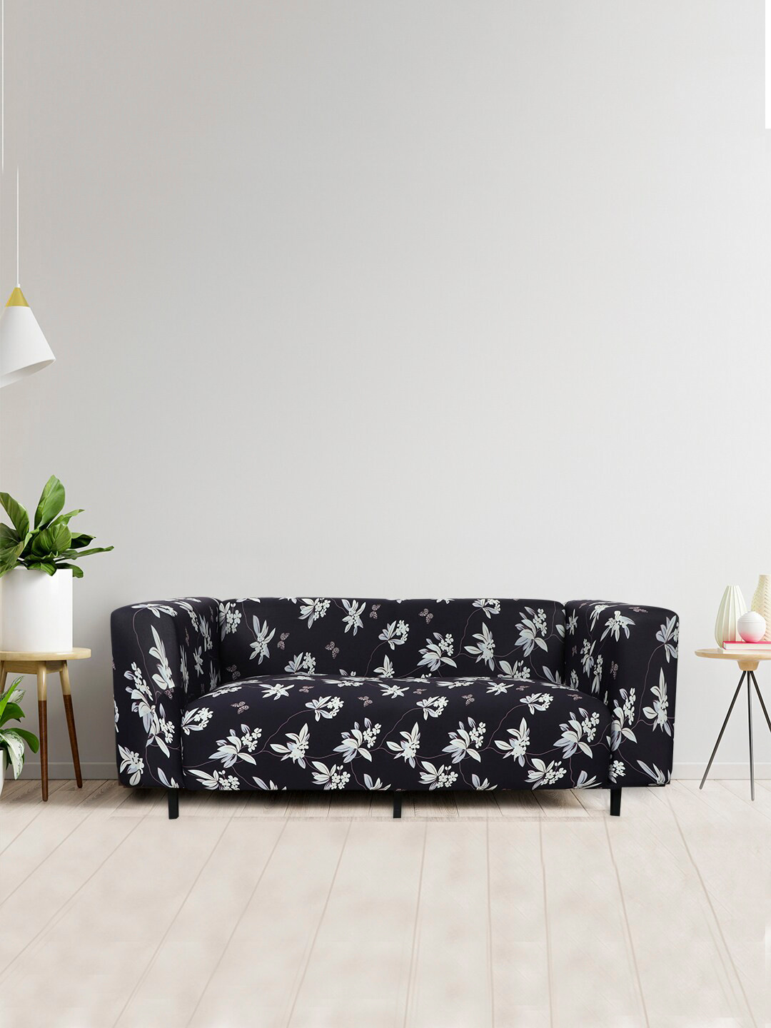 HOUSE OF QUIRK Black Flower 2-Seater Stretchable Non-Slip Sofa Cover