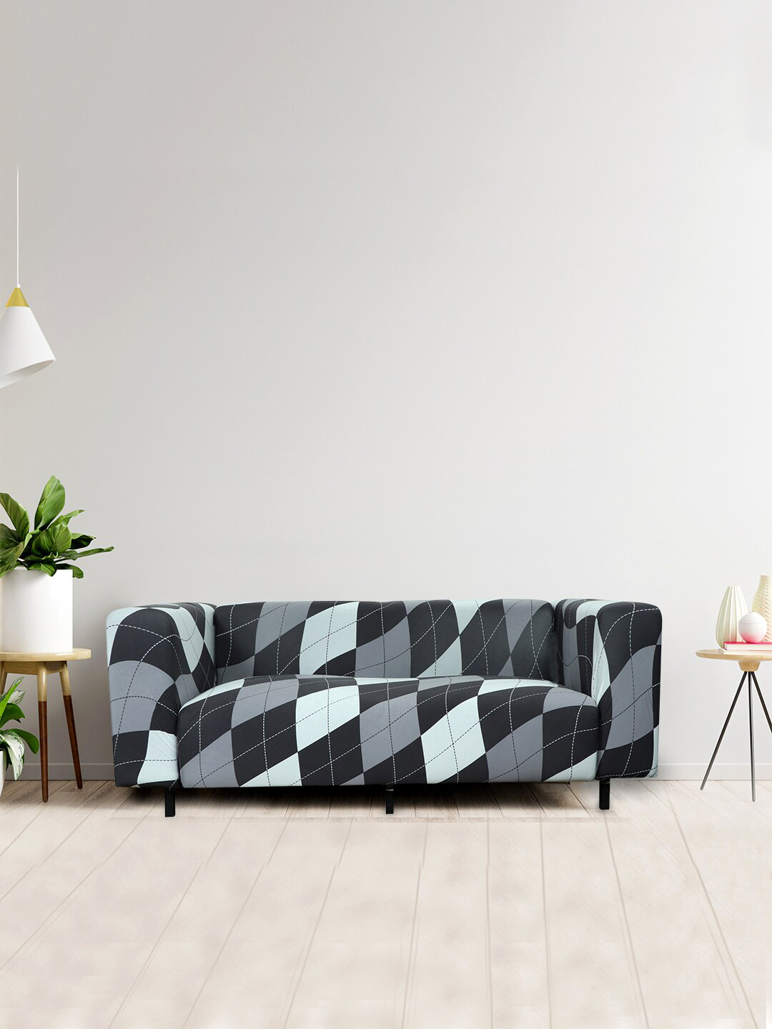 HOUSE OF QUIRK Grey & Black Printed 2-Seater Stretchable Non-Slip Sofa Slipcover