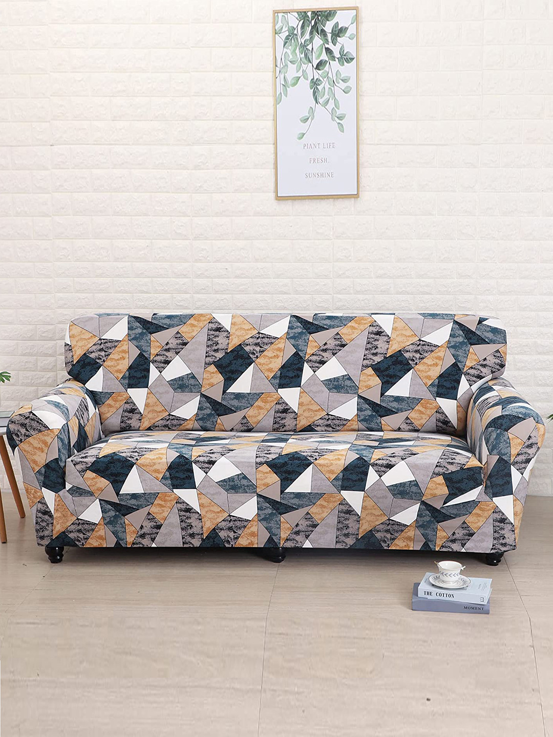 HOUSE OF QUIRK Green & Yellow Prism Printed 1-Seater Stretchable Non-Slip Sofa Cover