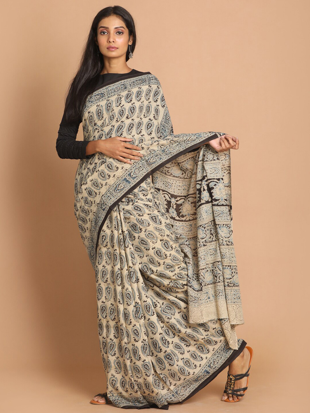 Indethnic Beige & Blue Kalamkari Pure Cotton Block Print Saree