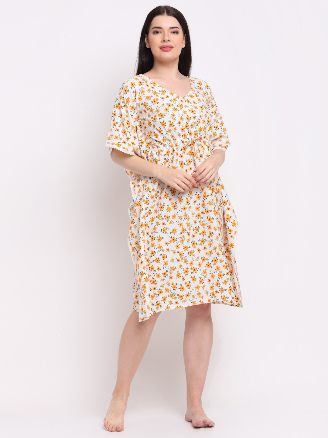 Aoba White Printed kaftan Nightdress