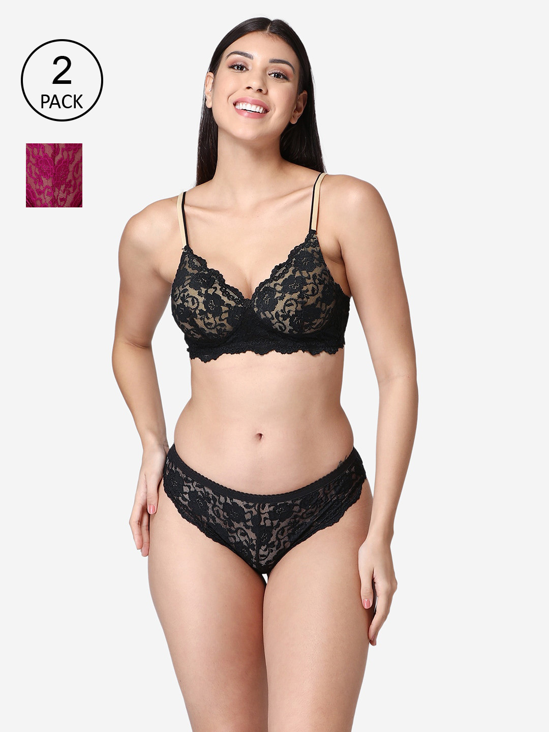 ABELINO Purple & Black Set of 2 Padded Bridal Lace Lingrie Sets SETLEO2PCBLACKPURPLE