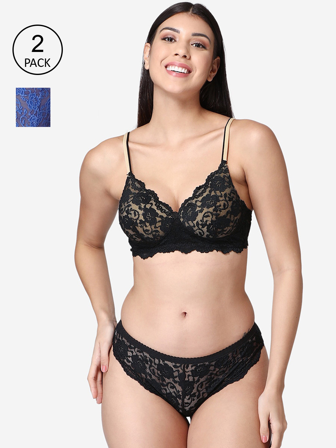 Abelino Black & Blue Set of 2 Padded Lace Lingerie Set