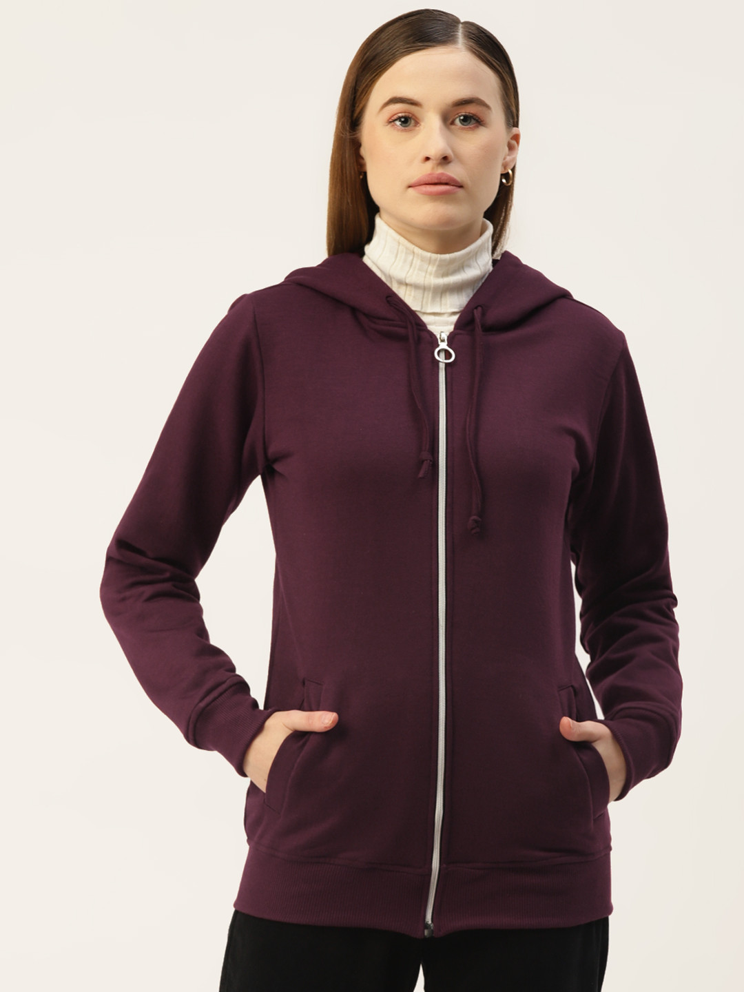 BRINNS Women Burgundy Solid Hooded Sweatshirt