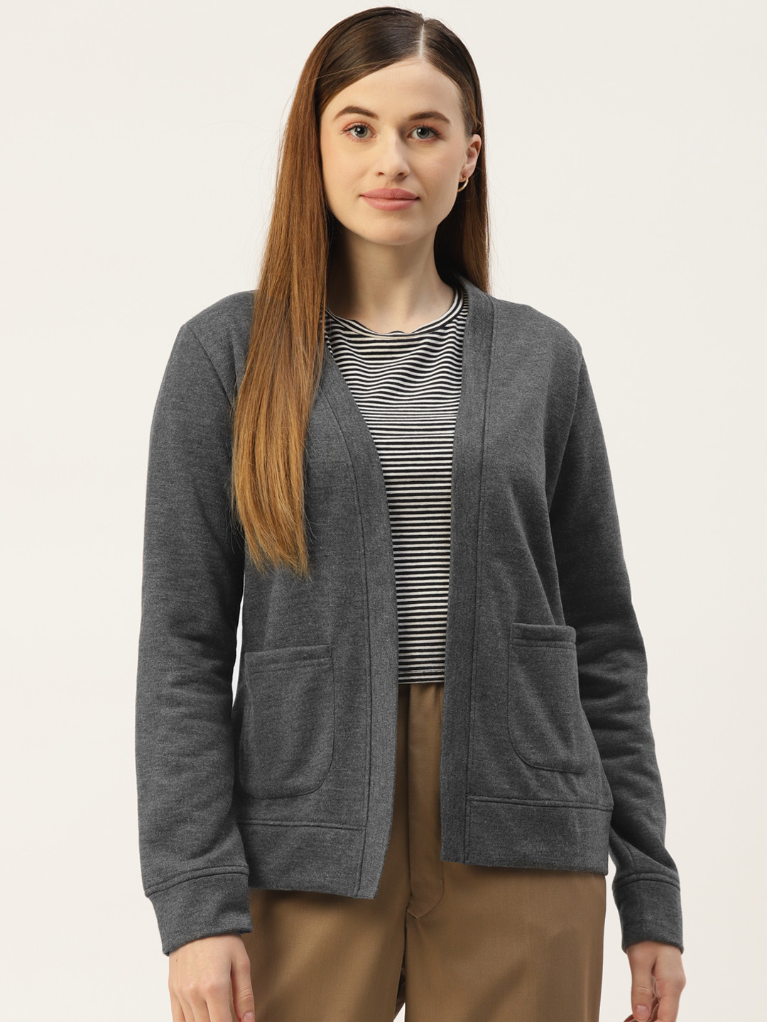 BRINNS Women Charcoal Grey Solid Open Front Jacket