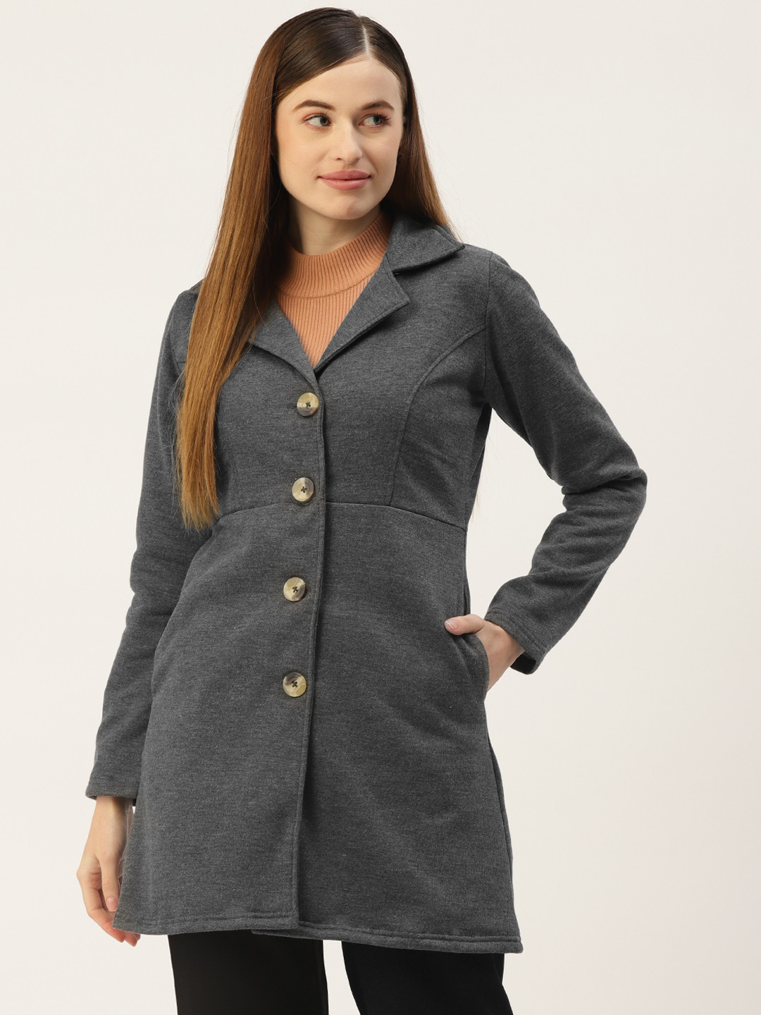 BRINNS Women Charcoal Grey Single-Breasted Solid Overcoat
