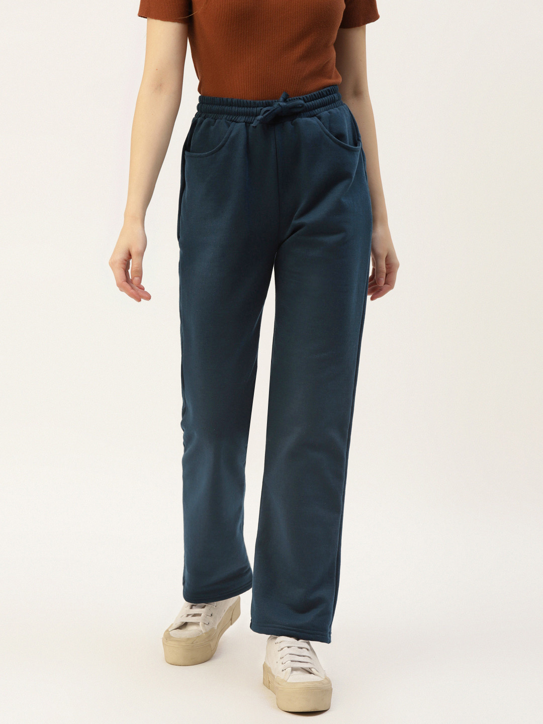 BRINNS Women Teal Blue Solid Relaxed Straight Fit Trousers