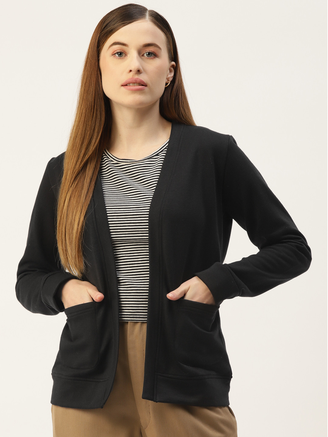 BRINNS Women Black Fleece Open Front Jacket