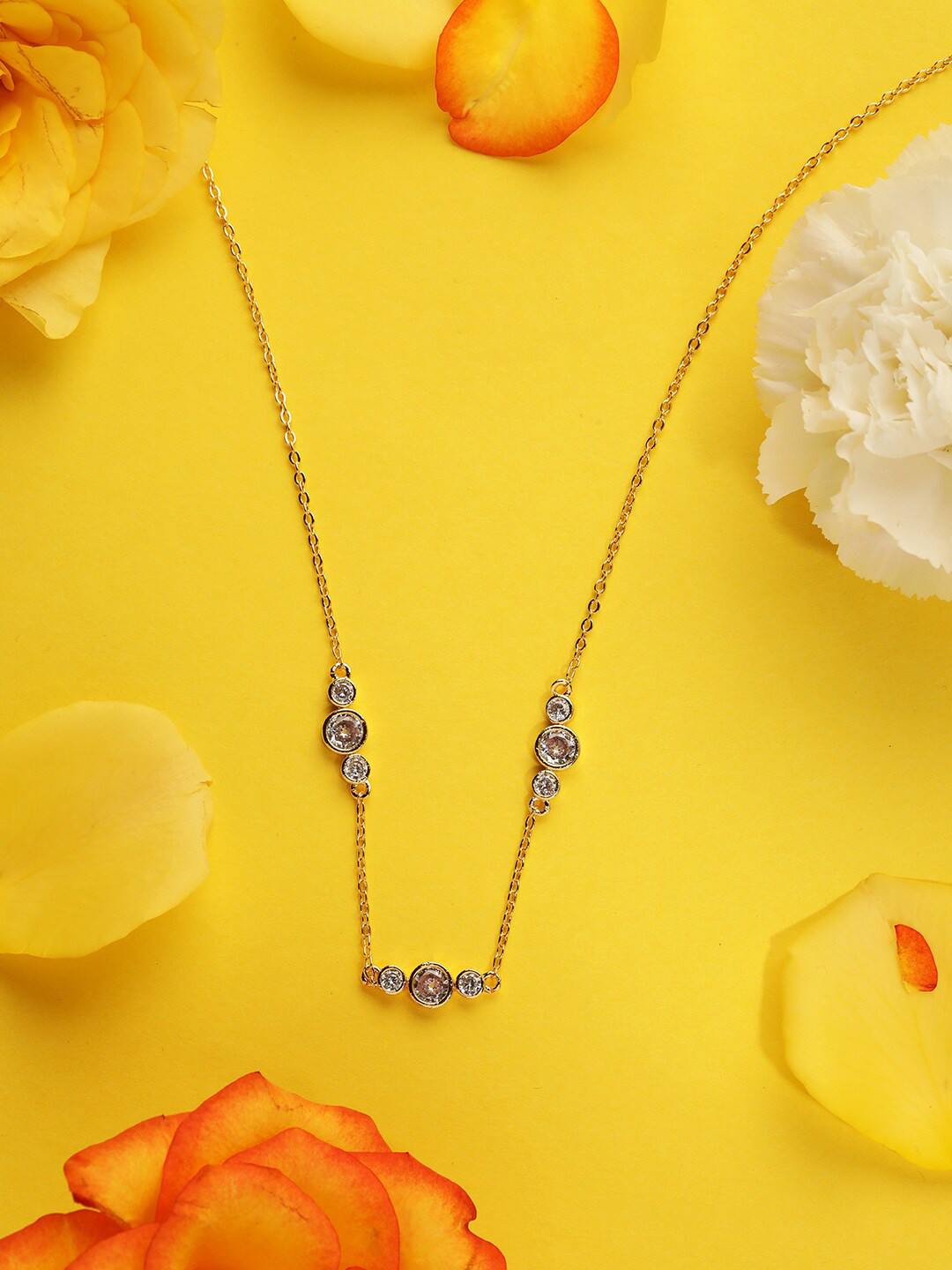 MINUTIAE Women Gold-Toned & White Crystal Studded Three Piece Chain Collar Necklace