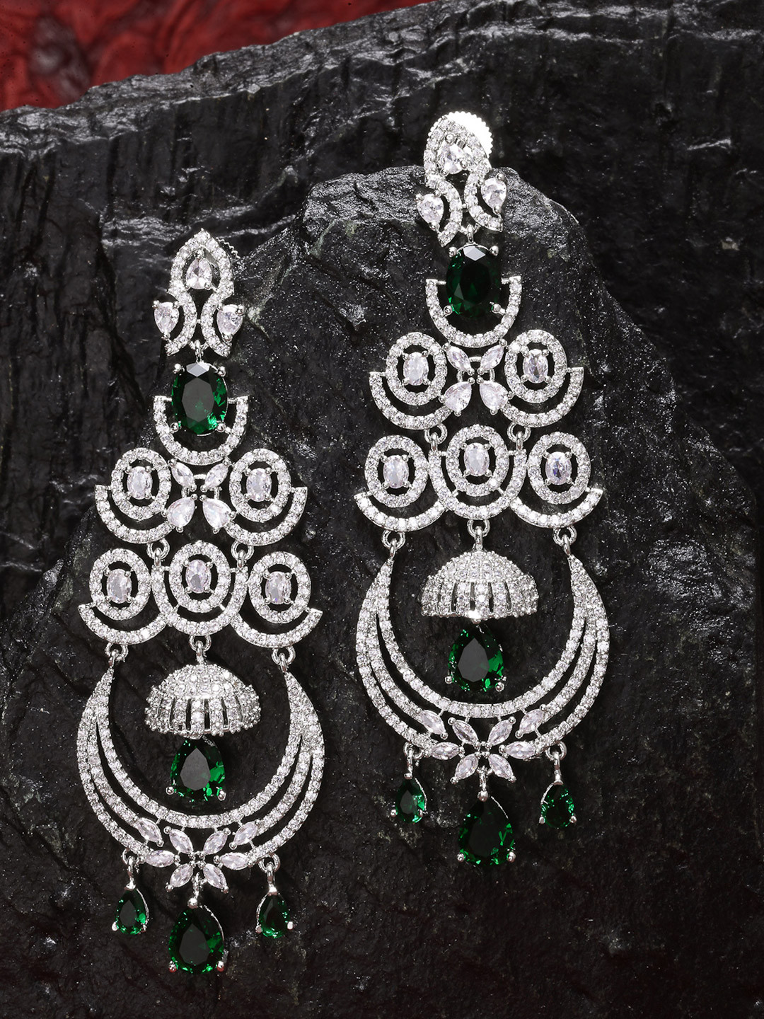 ZENEME Silver Plated American Diamond Stone Chandelier Earrings