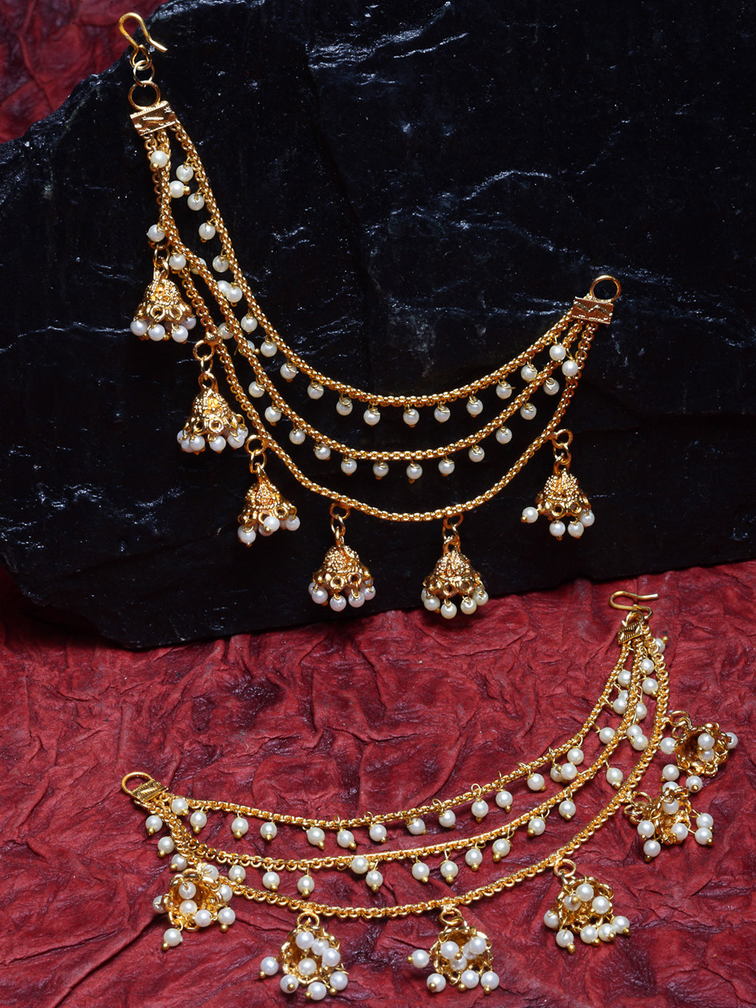 ZENEME Gold Plated Classic Jhumka Layered Pearl Earchain