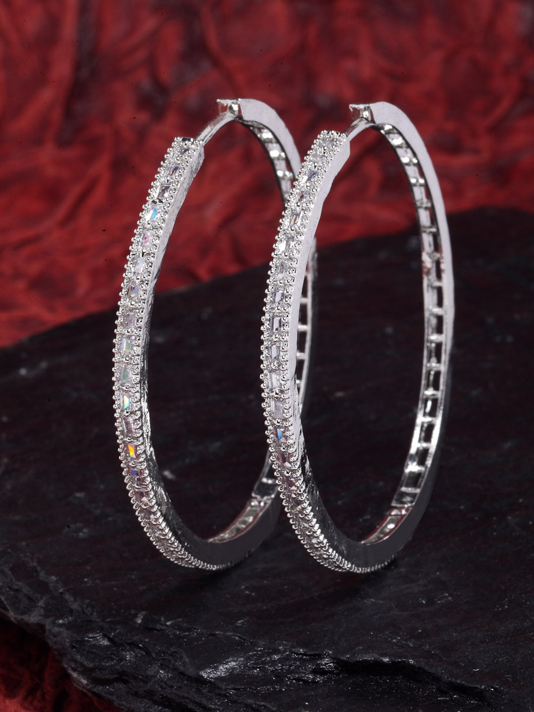 ZENEME Rhodium Plated American Diamond Circular Hoop Earrings