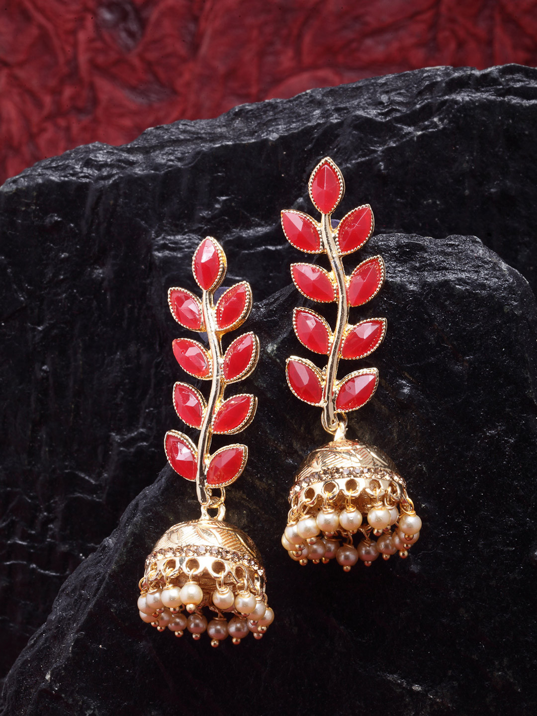 ZENEME Red & Gold-Plated Leaf Shaped Jhumkas Earrings