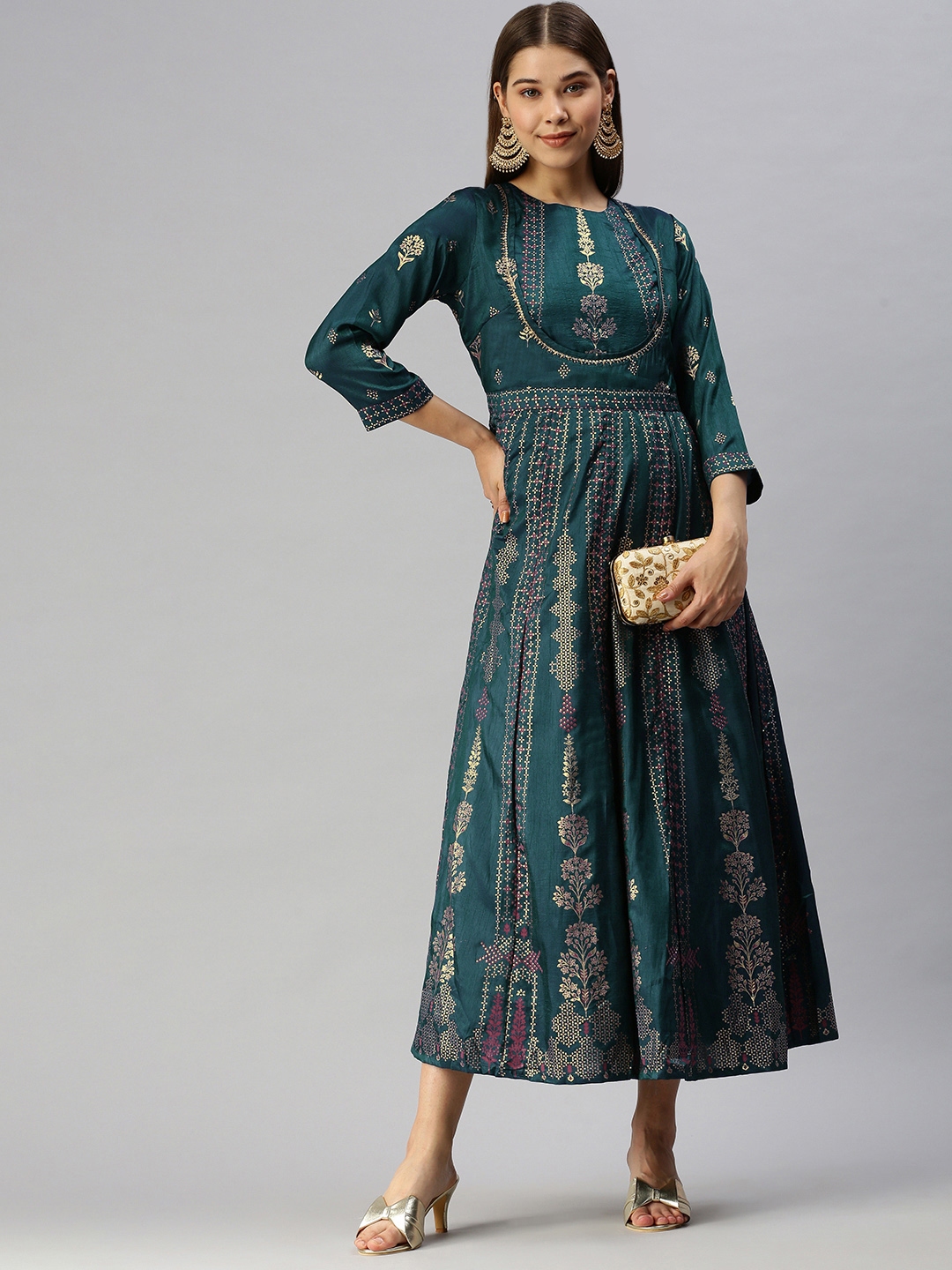 Buy Global Desi Green Gold Toned Ethnic Motifs Print Round Neck Pleated Ethnic Maxi Dress Ethnic Dresses for Women 16091410 Myntra