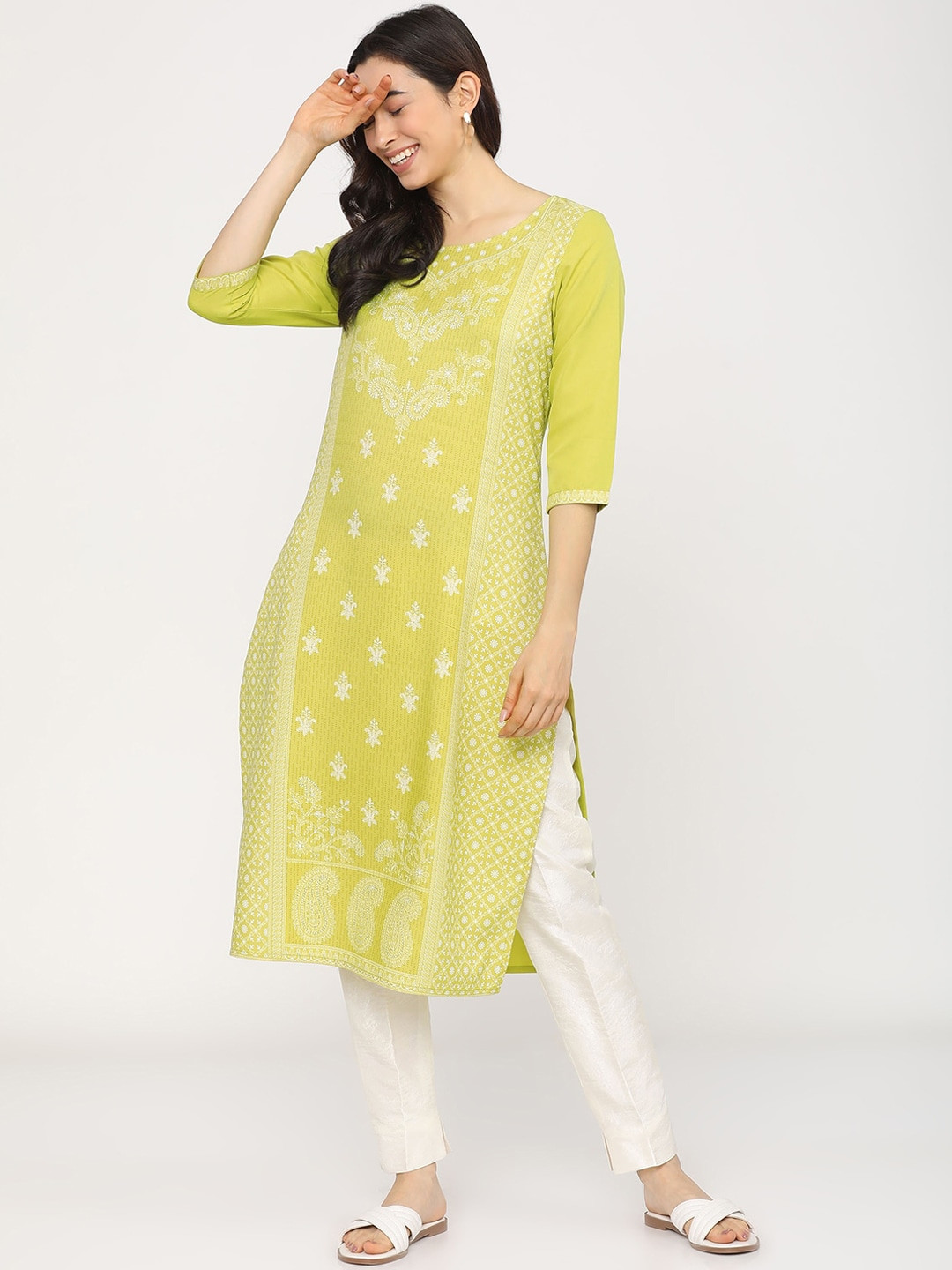KETCH Women Lime Green Ethnic Motifs Printed Kurta
