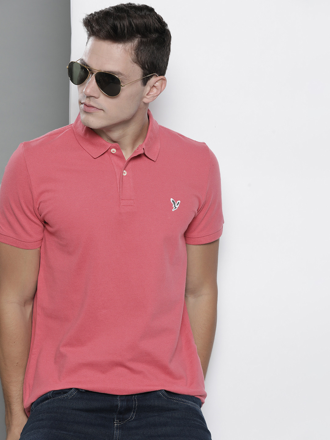 AMERICAN EAGLE OUTFITTERS Men Pink Solid Polo Collar T-shirt