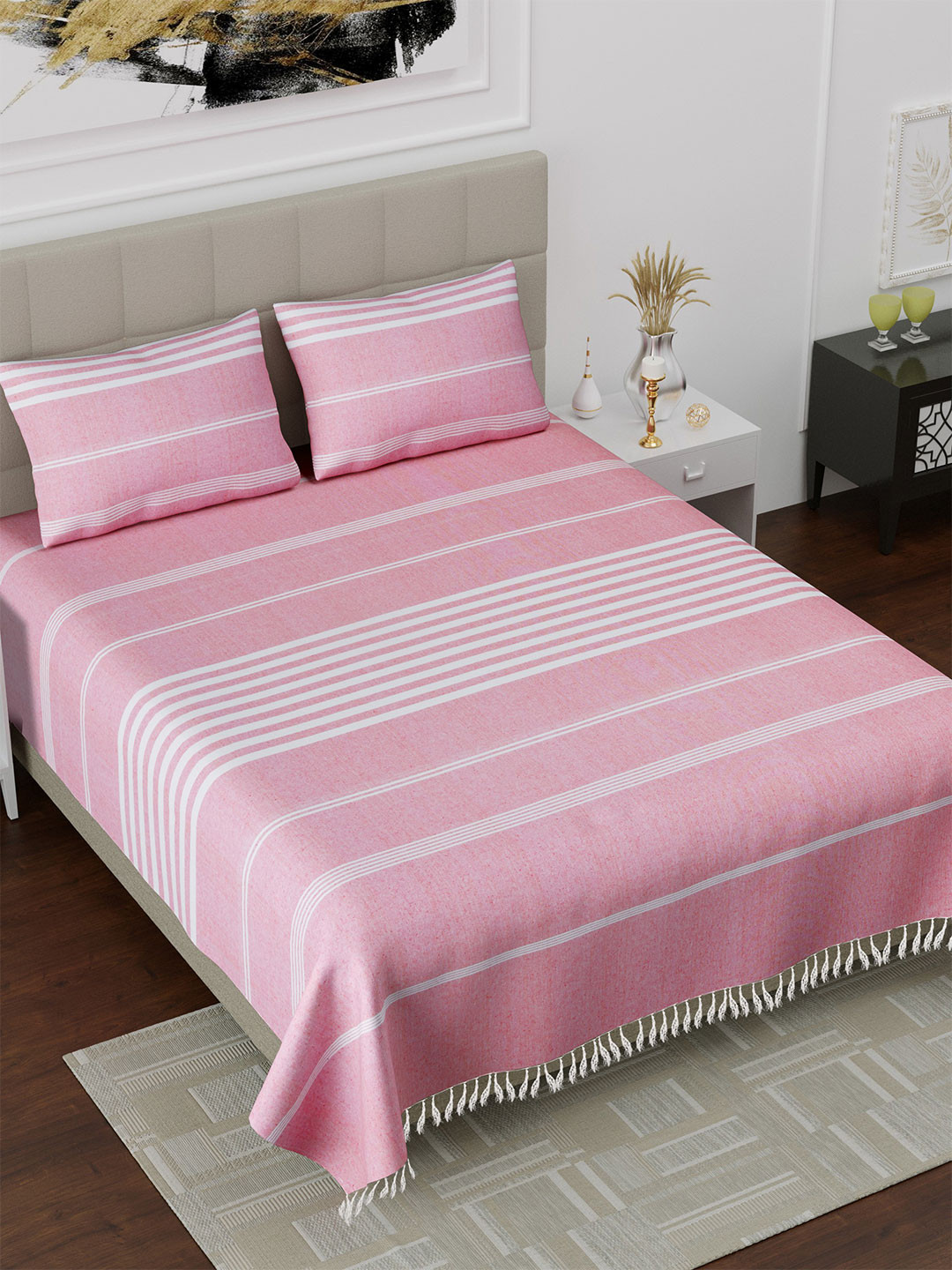 Varde All Seasons Pink Striped Pure Cotton 160 TC King Bedsheet with 2 Pillow Covers-90 x 100 inches