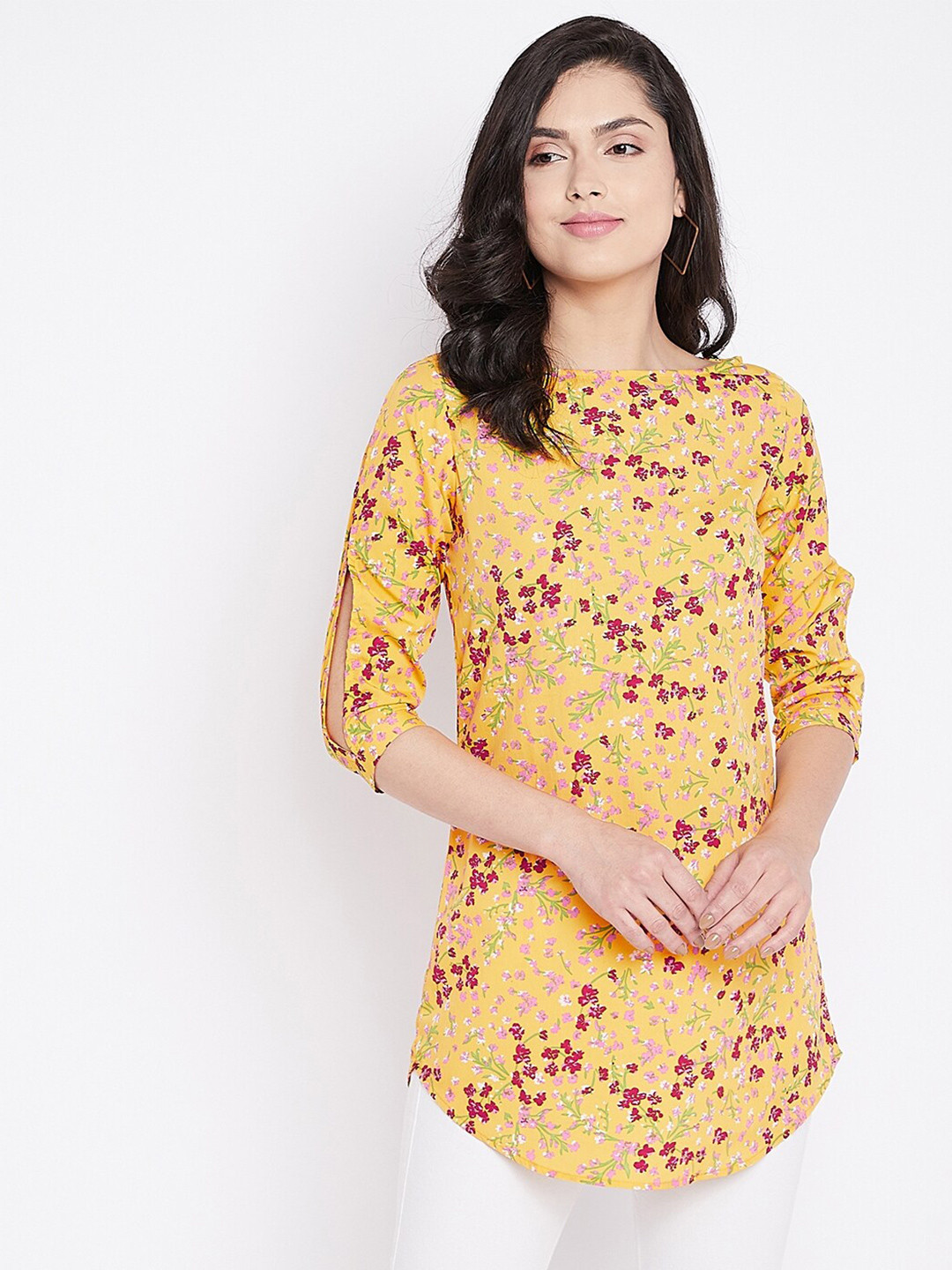 Ruhaans Yellow & Magenta Boat Neck Printed Tunic