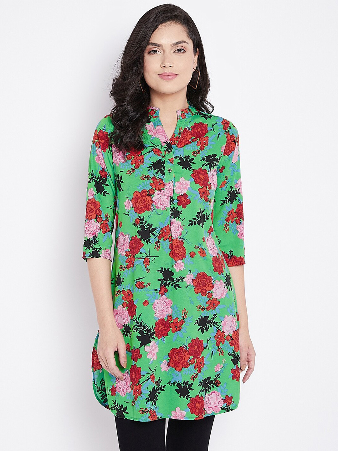 Ruhaans Green & Red Mandarin Collar Printed Tunic