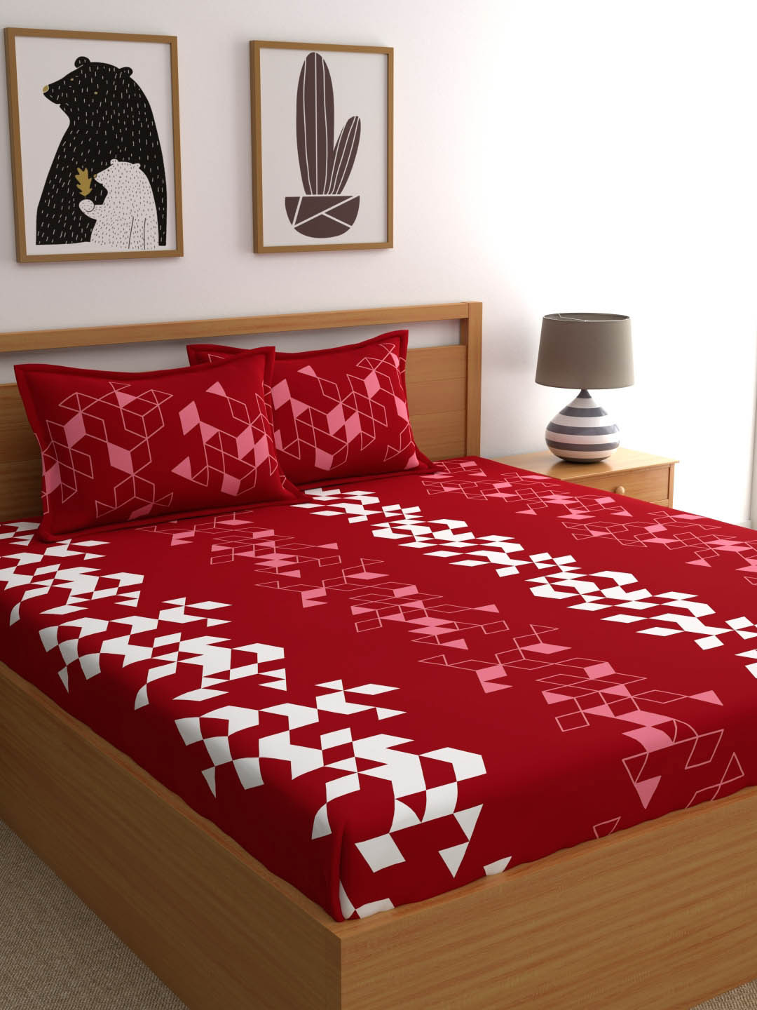 Dreamscape Red & White Geometric 144 TC King Bedsheet with 2 Pillow Covers