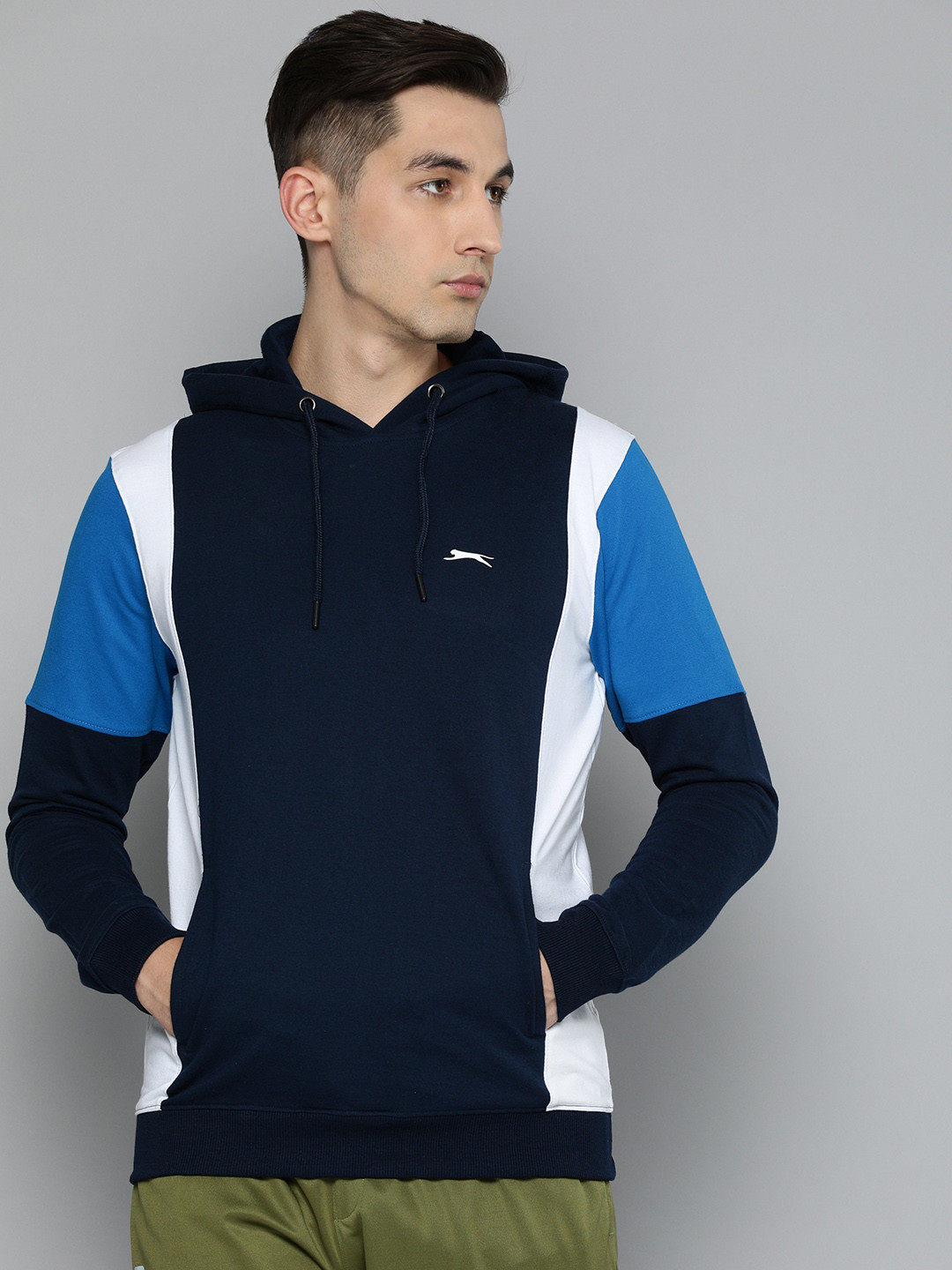 Slazenger Men Navy Blue Colourblocked Hooded Sweatshirt