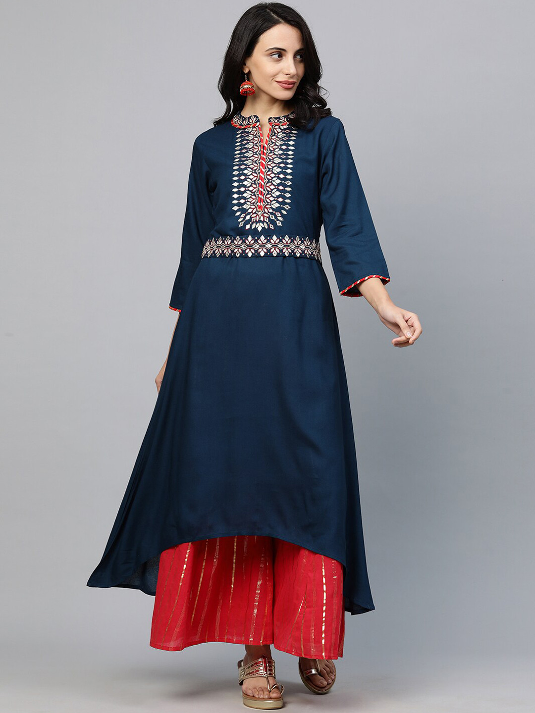 FASHOR Women Teal Ethnic Motifs Embroidered Regular Kurta with Skirt