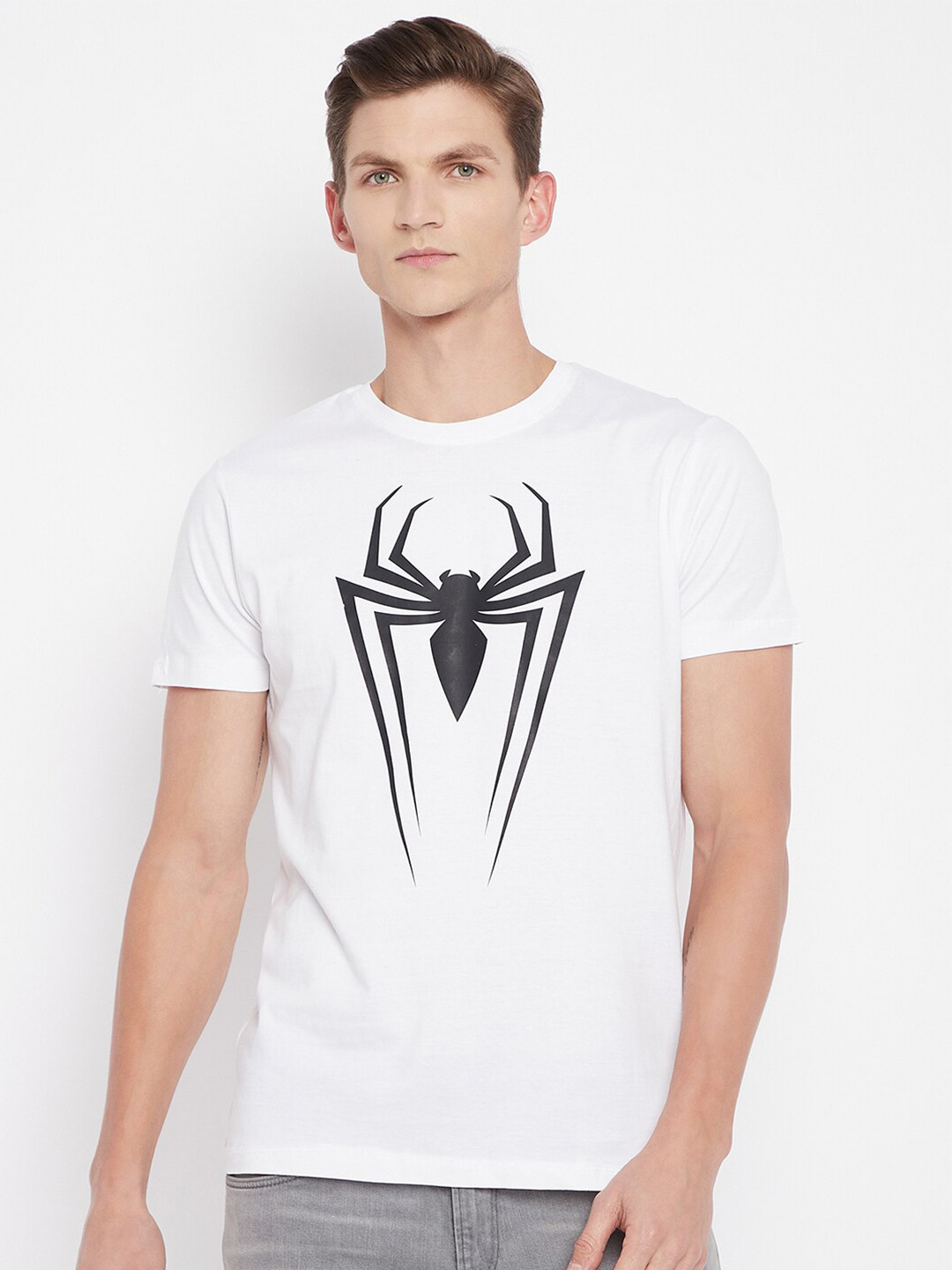 Marvel by Wear Your Mind Men White & Black Spider-Man Printed Pure Cotton T-shirt